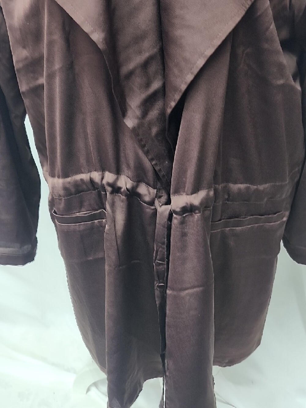 Nwot Nina Leonard Chocolate Satin Drawstring Trench Coat - Picture 3 of 10